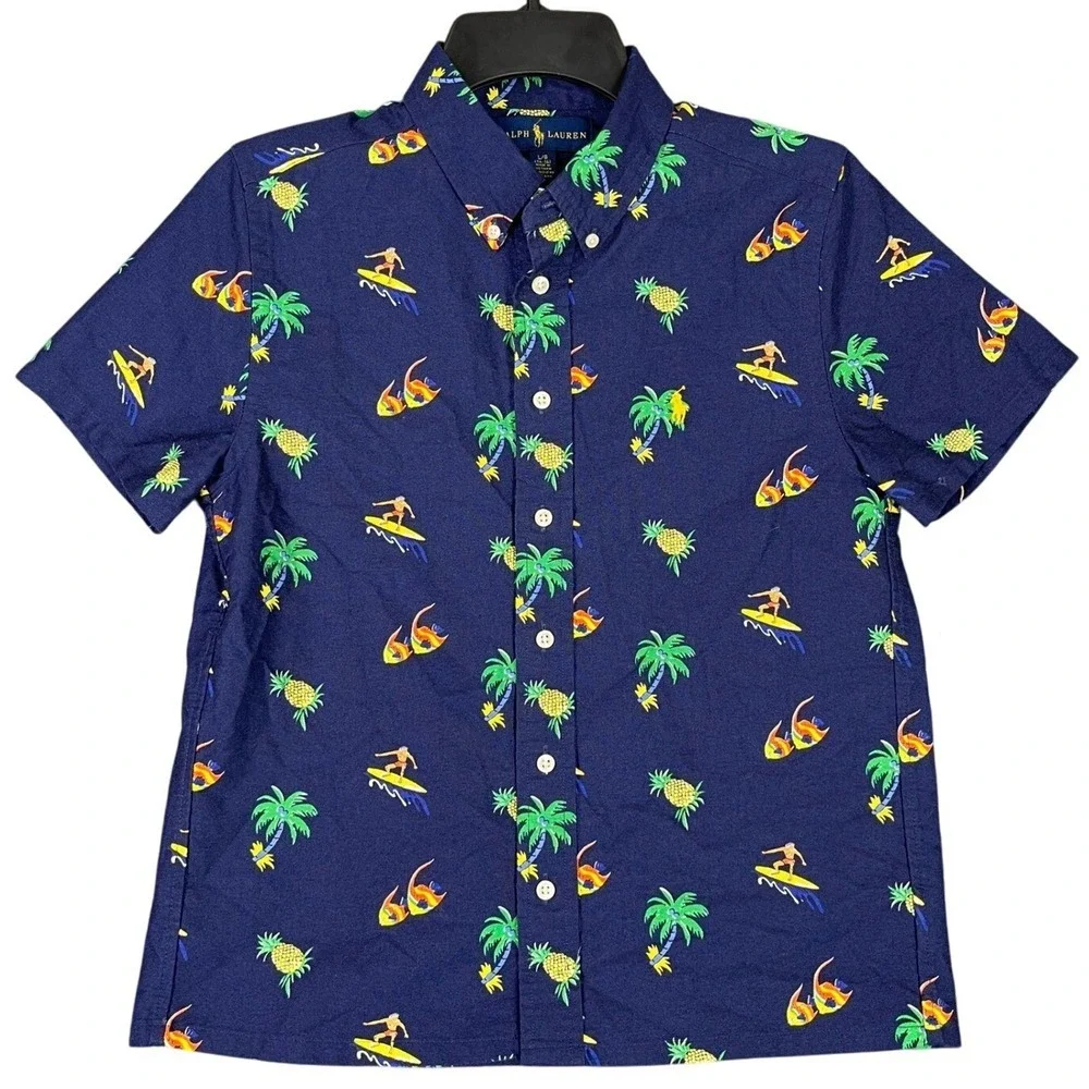 Ralph Lauren Shirt Kids Size L(14-16) Surf‎ Palm Pineapple Fish Hawaiian Travel